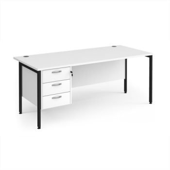 Maestro 25 straight desk 1800mm x 800mm with 3 drawer pedestal - black H-frame leg White Top - MH18P3KWH