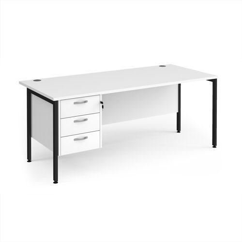 Maestro 25 straight desk 1800mm x 800mm with 3 drawer pedestal - black H-frame leg White Top - MH18P3KWH