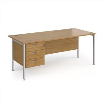 Maestro 25 straight desk 1800mm x 800mm with 3 drawer pedestal - silver H-frame leg Oak Top - MH18P3SO