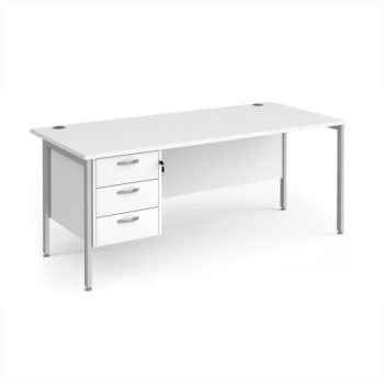 Maestro 25 straight desk 1800mm x 800mm with 3 drawer pedestal - silver H-frame leg White Top - MH18P3SWH