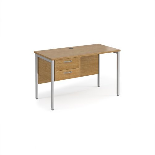 Maestro 25 straight desk 1200mm x 600mm with 2 drawer pedestal - silver H-frame leg Oak Top - MH612P2SO
