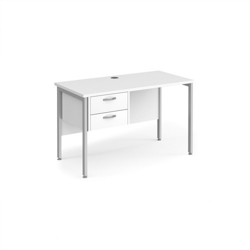 Maestro 25 straight desk 1200mm x 600mm with 2 drawer pedestal - silver H-frame leg White Top - MH612P2SWH