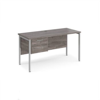 Maestro 25 straight desk 1400mm x 600mm with 2 drawer pedestal - silver H-frame leg Grey Oak Top - MH614P2SGO