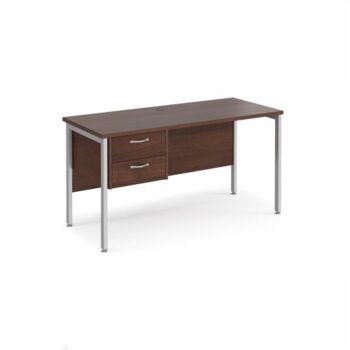 Maestro 25 straight desk 1400mm x 600mm with 2 drawer pedestal - silver H-frame leg Walnut top - MH614P2SW