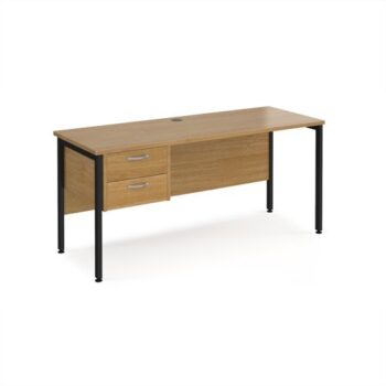 Maestro 25 straight desk 1600mm x 600mm with 2 drawer pedestal - black H-frame leg Oak Top - MH616P2KO