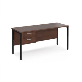 Maestro 25 straight desk 1600mm x 600mm with 2 drawer pedestal - black H-frame leg Walnut top - MH616P2KW