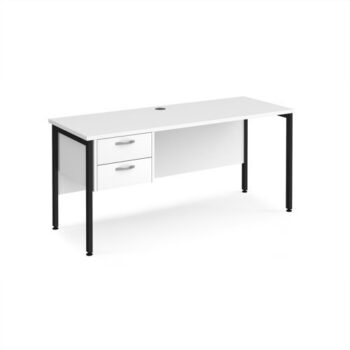 Maestro 25 straight desk 1600mm x 600mm with 2 drawer pedestal - black H-frame leg White Top - MH616P2KWH