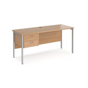 Maestro 25 straight desk 1600mm x 600mm with 2 drawer pedestal - silver H-frame leg Beech top - MH616P2SB