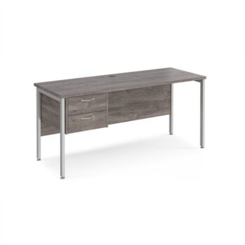 Maestro 25 straight desk 1600mm x 600mm with 2 drawer pedestal - silver H-frame leg Grey Oak Top - MH616P2SGO