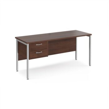 Maestro 25 straight desk 1600mm x 600mm with 2 drawer pedestal - silver H-frame leg Walnut top - MH616P2SW