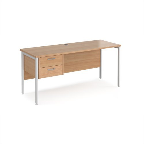Maestro 25 straight desk 1600mm x 600mm with 2 drawer pedestal - white H-frame leg Beech top - MH616P2WHB
