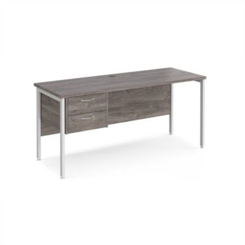 Maestro 25 straight desk 1600mm x 600mm with 2 drawer pedestal - white H-frame leg Grey Oak Top - MH616P2WHGO