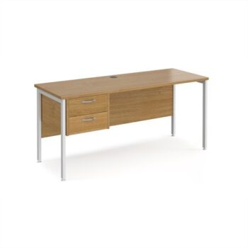 Maestro 25 straight desk 1600mm x 600mm with 2 drawer pedestal - white H-frame leg Oak Top - MH616P2WHO