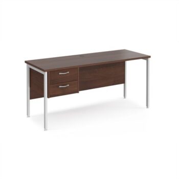 Maestro 25 straight desk 1600mm x 600mm with 2 drawer pedestal - white H-frame leg Walnut top - MH616P2WHW