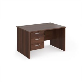Maestro 25 straight desk 1200mm x 800mm with 3 drawer pedestal - Walnut top with panel end leg - MP12P3W