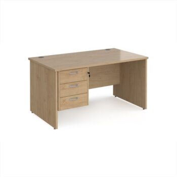 Maestro 25 straight desk 1400mm x 800mm with 3 drawer pedestal - Kendal Oak Top with panel end leg - MP14P3KO