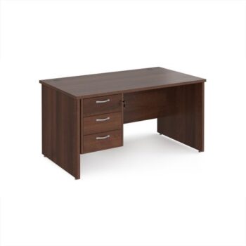 Maestro 25 straight desk 1400mm x 800mm with 3 drawer pedestal - Walnut top with panel end leg - MP14P3W
