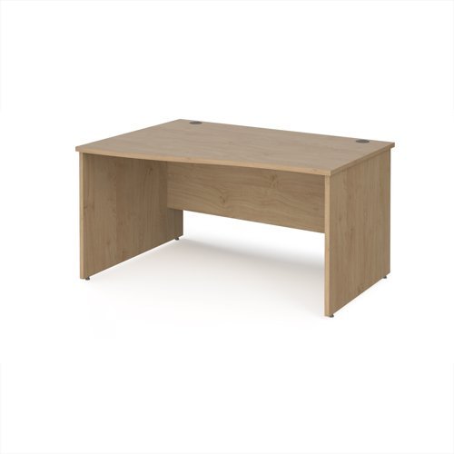 Maestro 25 left hand wave desk 1400mm wide - Kendal Oak Top with panel end leg - MP14WLKO