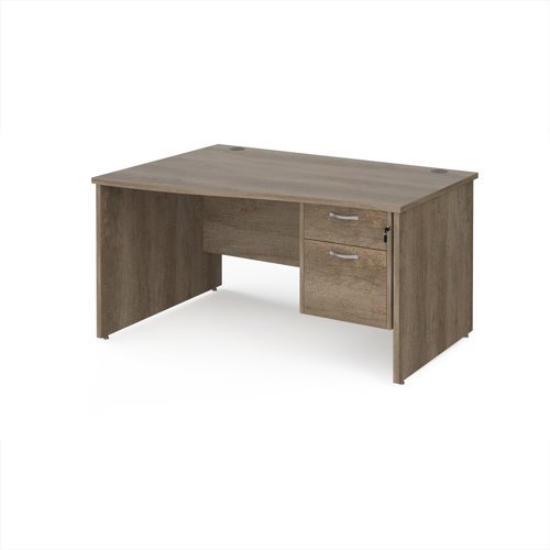 Maestro 25 left hand wave desk 1400mm wide with 2 drawer pedestal - Nebraska Oak Top with panel end leg - MP14WLP2NO