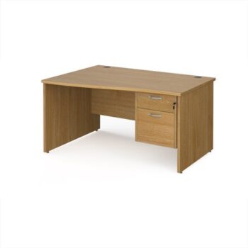 Maestro 25 left hand wave desk 1400mm wide with 2 drawer pedestal - Oak Top with panel end leg - MP14WLP2O