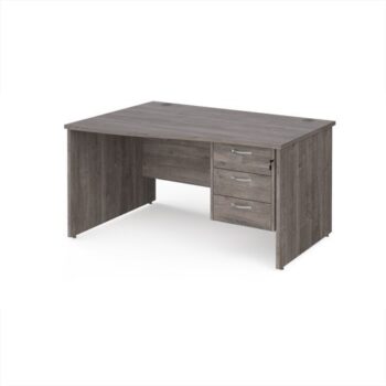 Maestro 25 left hand wave desk 1400mm wide with 3 drawer pedestal - Grey Oak Top with panel end leg - MP14WLP3GO