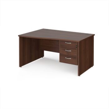 Maestro 25 left hand wave desk 1400mm wide with 3 drawer pedestal - Walnut top with panel end leg - MP14WLP3W