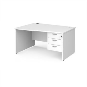 Maestro 25 left hand wave desk 1400mm wide with 3 drawer pedestal - White Top with panel end leg - MP14WLP3WH