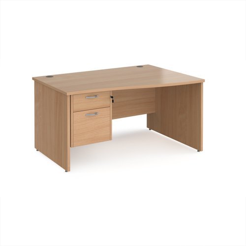 Maestro 25 right hand wave desk 1400mm wide with 2 drawer pedestal - Beech top with panel end leg - MP14WRP2B