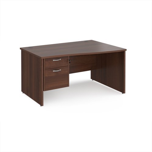 Maestro 25 right hand wave desk 1400mm wide with 2 drawer pedestal - Walnut top with panel end leg - MP14WRP2W