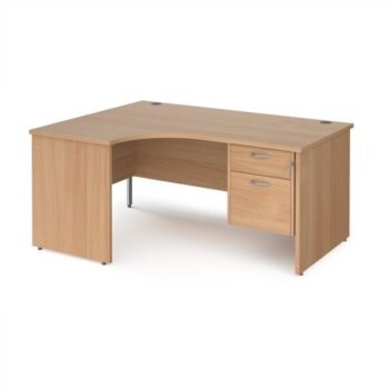Maestro 25 left hand ergonomic desk 1600mm wide with 2 drawer pedestal - Beech top with panel end leg - MP16ELP2B