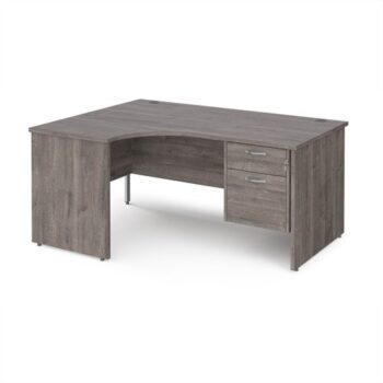 Maestro 25 left hand ergonomic desk 1600mm wide with 2 drawer pedestal - Grey Oak Top with panel end leg - MP16ELP2GO
