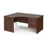 Maestro 25 left hand ergonomic desk 1600mm wide with 2 drawer pedestal - Walnut top with panel end leg - MP16ELP2W