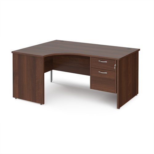 Maestro 25 left hand ergonomic desk 1600mm wide with 2 drawer pedestal - Walnut top with panel end leg - MP16ELP2W