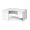 Maestro 25 left hand ergonomic desk 1600mm wide with 2 drawer pedestal - White Top with panel end leg - MP16ELP2WH