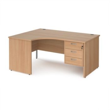 Maestro 25 left hand ergonomic desk 1600mm wide with 3 drawer pedestal - Beech top with panel end leg - MP16ELP3B