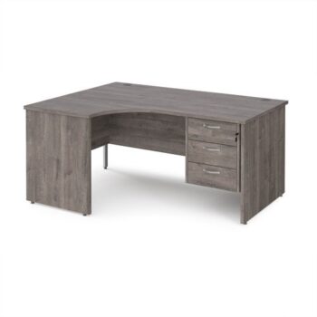 Maestro 25 left hand ergonomic desk 1600mm wide with 3 drawer pedestal - Grey Oak Top with panel end leg - MP16ELP3GO