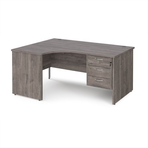 Maestro 25 left hand ergonomic desk 1600mm wide with 3 drawer pedestal - Grey Oak Top with panel end leg - MP16ELP3GO