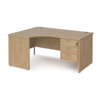 Maestro 25 left hand ergonomic desk 1600mm wide with 3 drawer pedestal - Kendal Oak Top with panel end leg - MP16ELP3KO