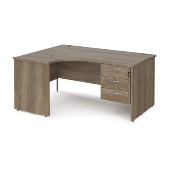 Maestro 25 left hand ergonomic desk 1600mm wide with 3 drawer pedestal - Nebraska Oak Top with panel end leg - MP16ELP3NO