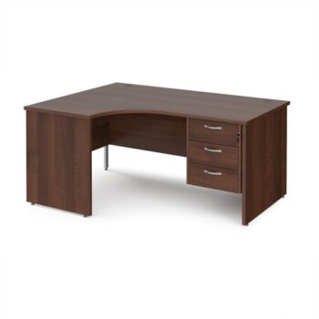 Maestro 25 left hand ergonomic desk 1600mm wide with 3 drawer pedestal - Walnut top with panel end leg - MP16ELP3W