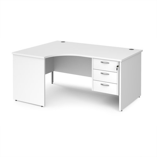Maestro 25 left hand ergonomic desk 1600mm wide with 3 drawer pedestal - White Top with panel end leg - MP16ELP3WH