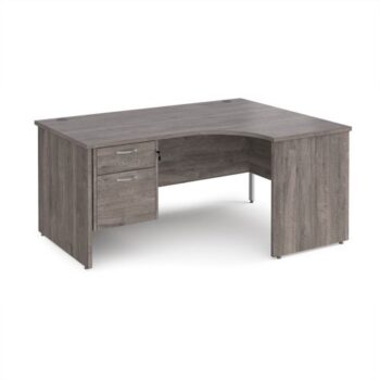Maestro 25 right hand ergonomic desk 1600mm wide with 2 drawer pedestal - Grey Oak Top with panel end leg - MP16ERP2GO