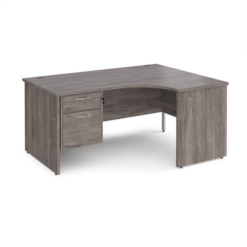Maestro 25 right hand ergonomic desk 1600mm wide with 2 drawer pedestal - Grey Oak Top with panel end leg - MP16ERP2GO