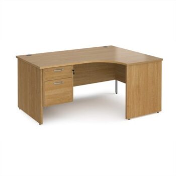 Maestro 25 right hand ergonomic desk 1600mm wide with 2 drawer pedestal - Oak Top with panel end leg - MP16ERP2O