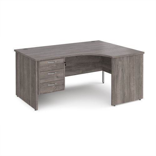 Maestro 25 right hand ergonomic desk 1600mm wide with 3 drawer pedestal - Grey Oak Top with panel end leg - MP16ERP3GO