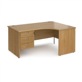 Maestro 25 right hand ergonomic desk 1600mm wide with 3 drawer pedestal - Oak Top with panel end leg - MP16ERP3O
