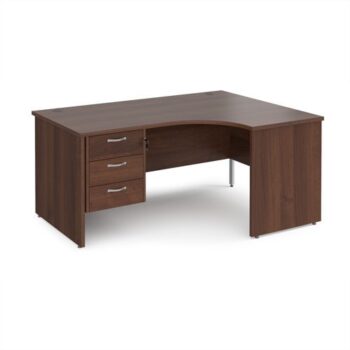 Maestro 25 right hand ergonomic desk 1600mm wide with 3 drawer pedestal - Walnut top with panel end leg - MP16ERP3W