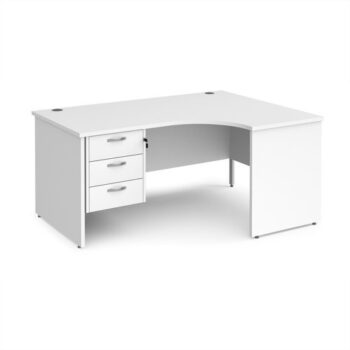 Maestro 25 right hand ergonomic desk 1600mm wide with 3 drawer pedestal - White Top with panel end leg - MP16ERP3WH