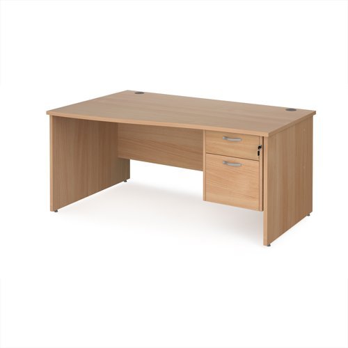Maestro 25 left hand wave desk 1600mm wide with 2 drawer pedestal - Beech top with panel end leg - MP16WLP2B