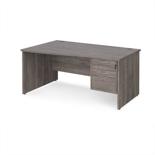 Maestro 25 left hand wave desk 1600mm wide with 2 drawer pedestal - Grey Oak Top with panel end leg - MP16WLP2GO